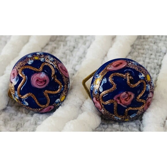 Vintage Murano Glass Venetian Wedding Cake Earrings Clip Cobalt Blue Multicolor - Picture 1 of 16